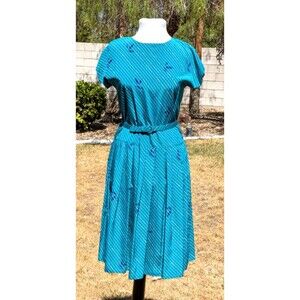 Teal 1980 Petites for Maggie Sz2 Fit & Flare Midi Button Back Pullover Dress EUC